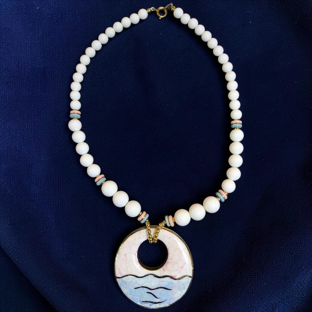 Vintage Japan Milk Glass & Ceramic Seascape Necklace